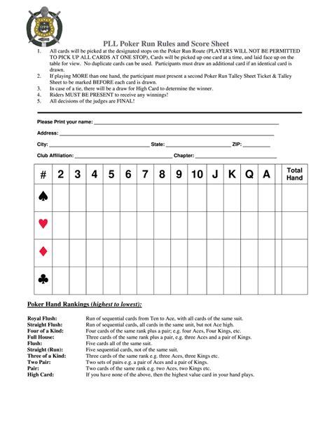 Poker Run Score Sheet Printable