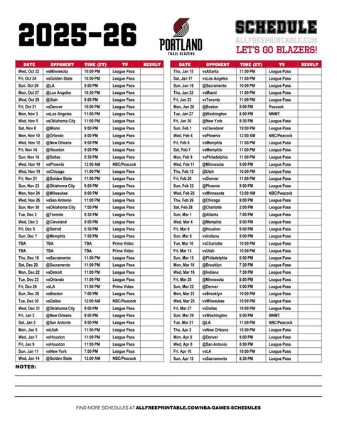 Portland Trail Blazers Schedule Printable