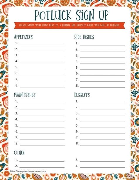 Potluck Signup Sheet Template