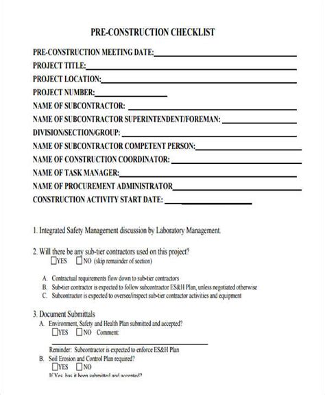 Pre Construction Checklist Template