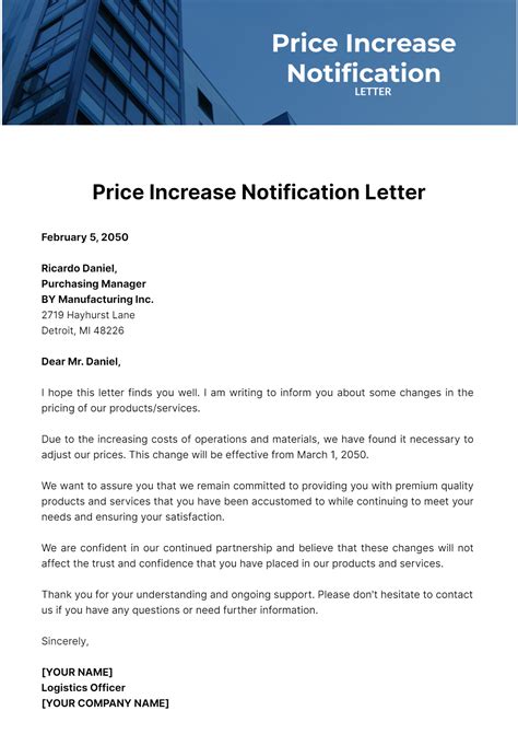 Price Increase Notification Letter Template