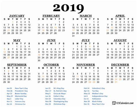Printable 2019 Calendar Usa Transparent Background With White Font Color