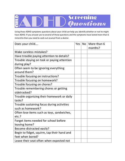 Printable Adhd Screening Test