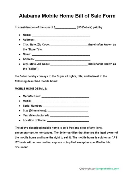 Printable Bill Of Sale Form Alabama Mobile Home