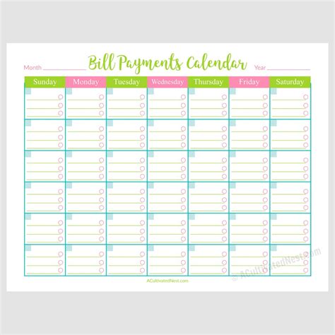 Printable Bill Pay Calendar