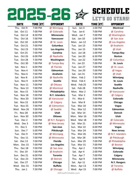 Printable Dallas Stars Schedule