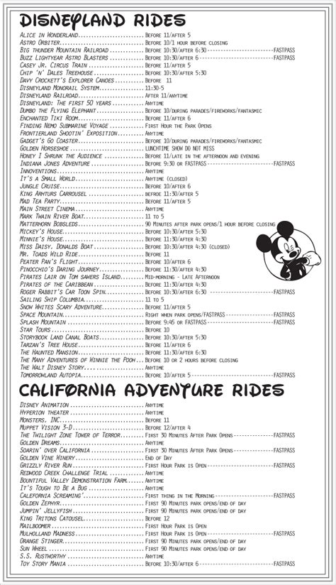Printable Disneyland Ride List