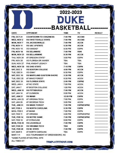 Printable Duke Basketball Schedule