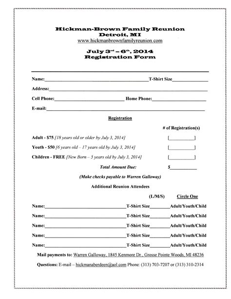Printable Family Reunion Registration Forms