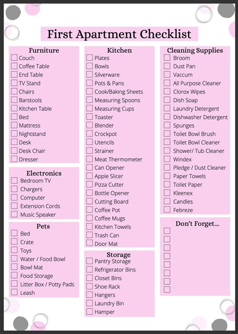 Printable First Apartment Checklist