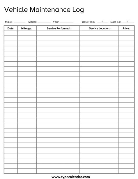 Printable Free Vehicle Maintenance Log Template