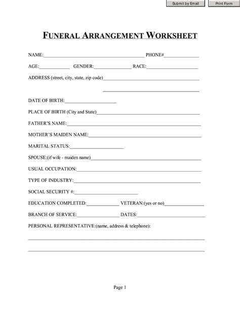 Printable Funeral Pre Planning Worksheet
