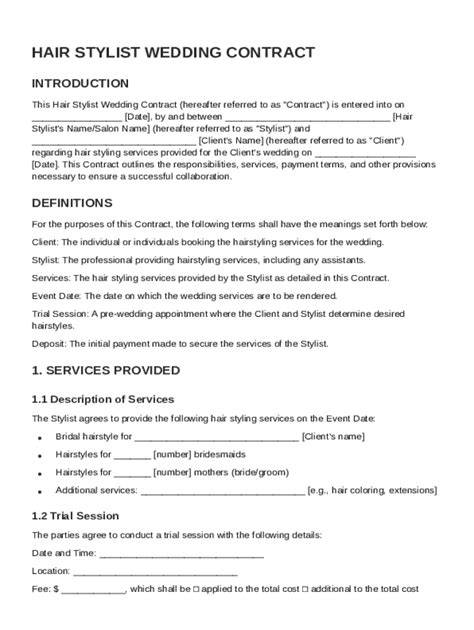 Printable Hair Stylist Wedding Hair Contract