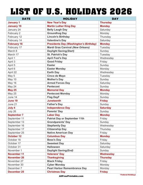 Printable List Of Holidays