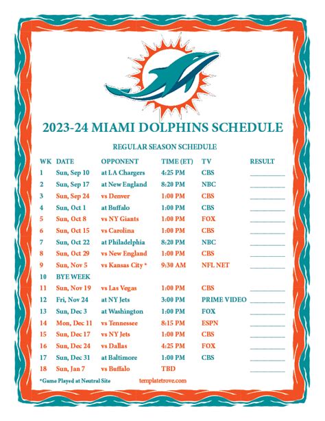 Printable Miami Dolphins Schedule