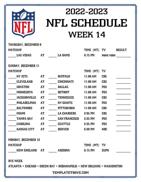 Printable Nfl Schedule For Week 14