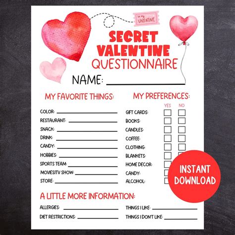 Printable Secret Valentine Questionnaire
