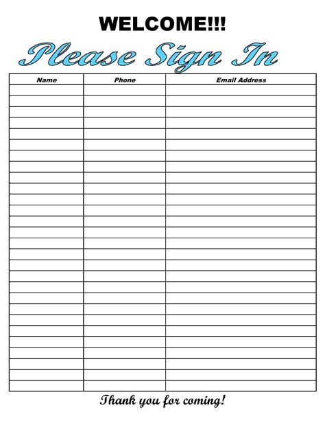 Printable Sign In Sheet