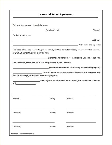 Printable Simple Rental Agreement Template Word