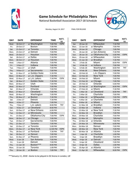 Printable Sixers Schedule
