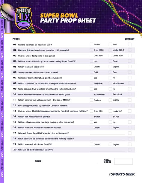 Printable Super Bowl Prop Bet Sheet