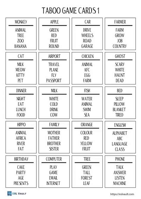 Printable Taboo Game Cards