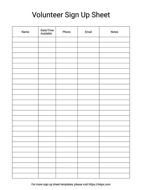 Printable Volunteer Sign Up Sheet Template