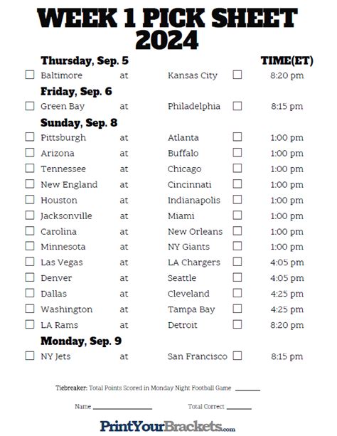 Printable Week 1 Nfl Schedule