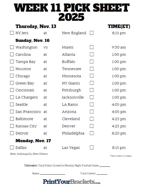 Printable Week 11 Nfl Schedule