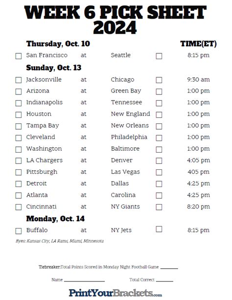Printable Week 6 Nfl Schedule