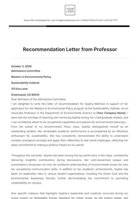 Professor Recommendation Letter Template