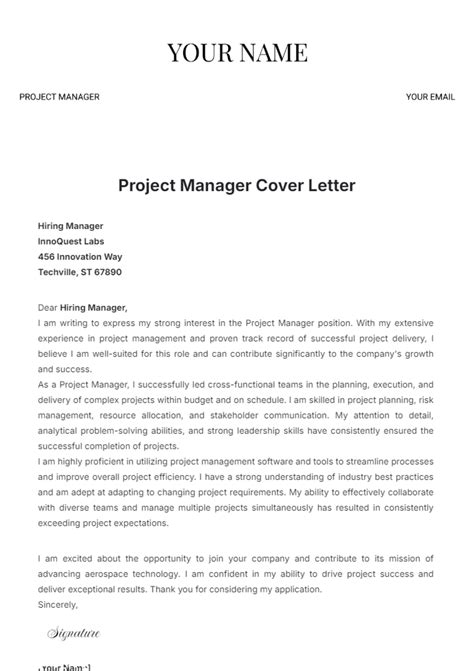 Project Manager Cover Letter Template