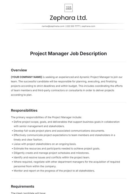 Project Manager Job Description Template