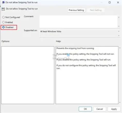 Properties window of Do not allow Snipping Tool to run Setting