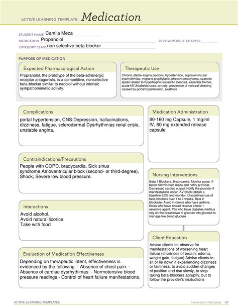Propranolol Ati Medication Template
