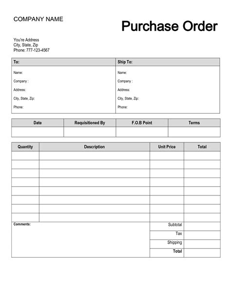 Purchase Order Form Template Free
