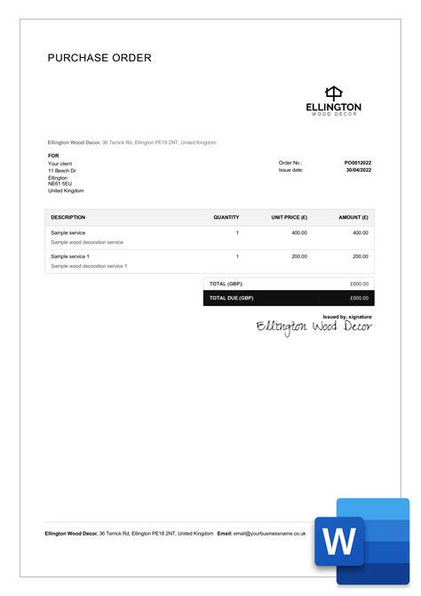Purchase Order Template For Word