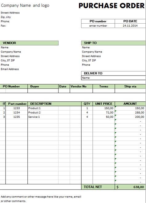 Purchase Order Templates Excel