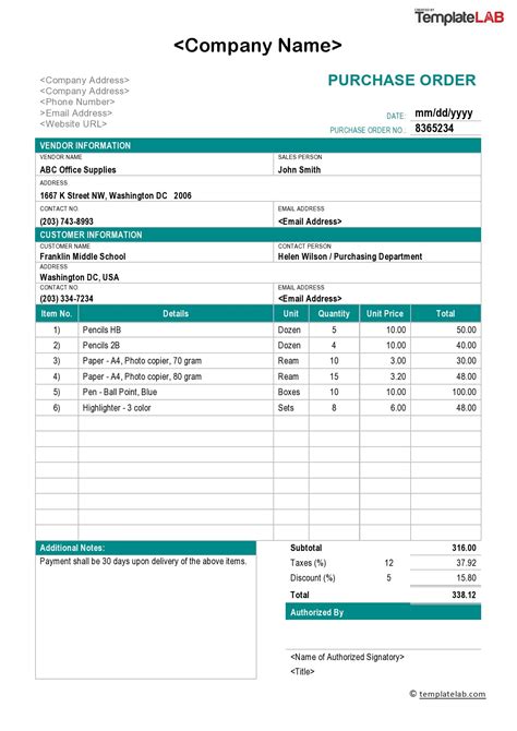 Purchase order document example