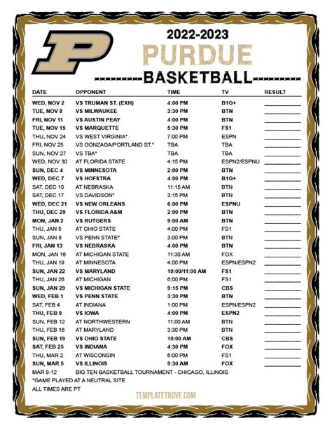 Purdue Men's Basketball Schedule Printable
