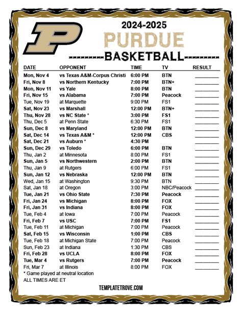 Purdue Mens Basketball Schedule Printable