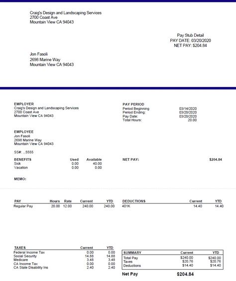 Quickbooks Pay Stub Template