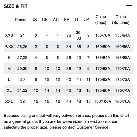 Rag  Bone Jeans Size Chart