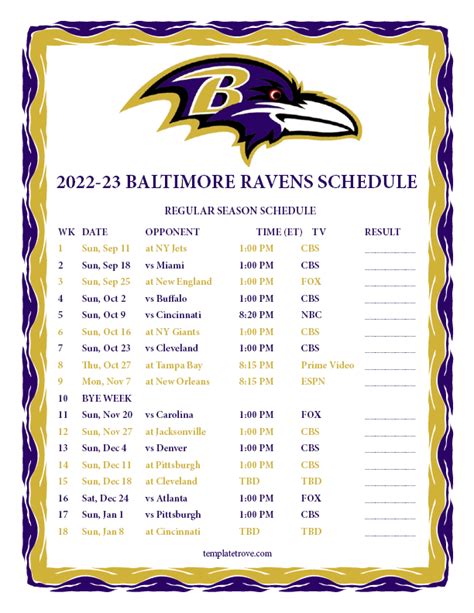 Ravens Printable Schedule