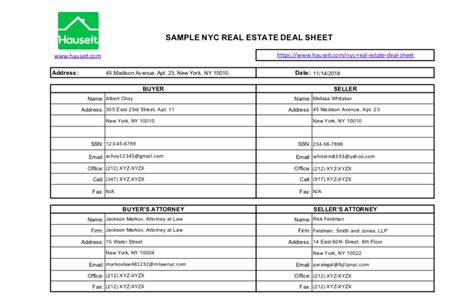 Real Estate Deal Sheet Template