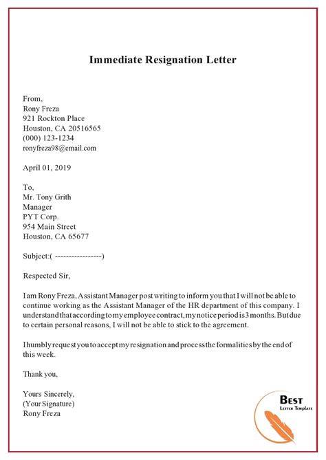 Reason for Urgent Resignation