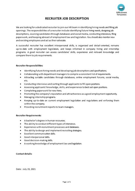 Recruiter Job Description Template