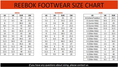 Reebok Foot Size Chart
