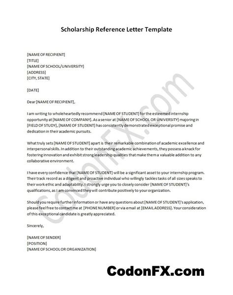 Reference Letter Template For Scholarship