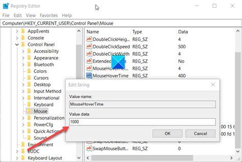 Registry Editor Edit String MouseHoverTime